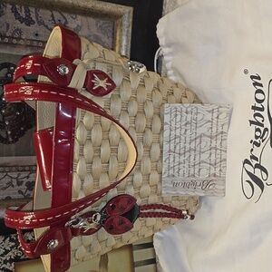 EUC- Vintage Brighton Candice Woven Tote w/ Red Patent Leather Trim/straps